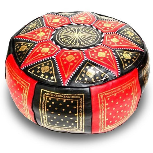 MOROCCAN FES POUF LUXURY HANDMADE GENUINE LEATHER RED BLACK