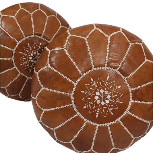 SET OF 2 MOROCCAN POUF LUXURY HANDMADE GENUINE LEATHER TAN
